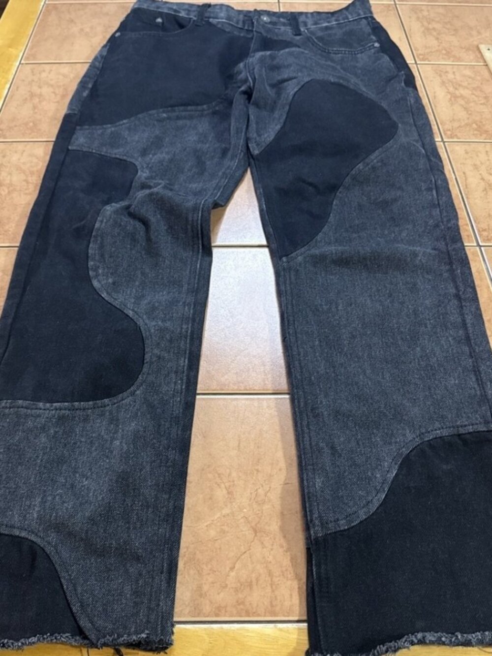 Black Denim Jeans Patchwork Streetwear Distressed